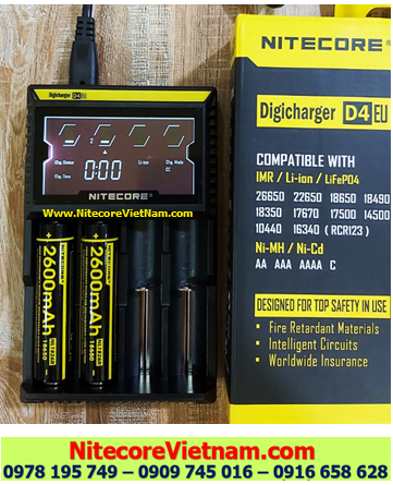 Nitecore D4 (Bộ sạc Nitecore D4 kèm sẳn 02 pin SẠC 18650 NITECORE NL1826R 2600mAh lithium 3.7v) chính hãng